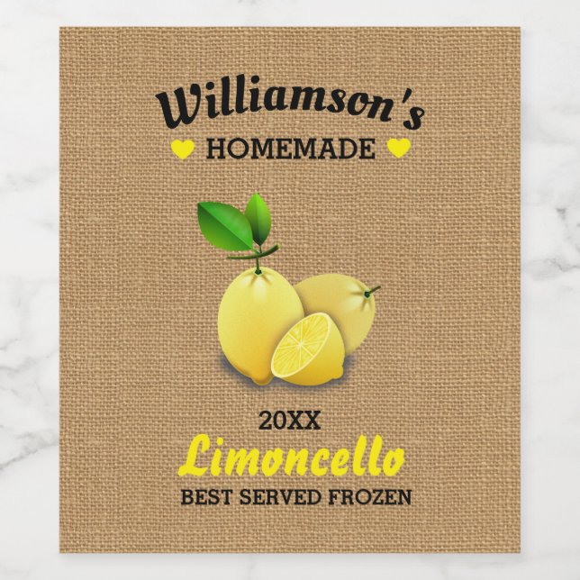 Étiquette Pour Bouteilles De Vin Citrons Limoncello fait maison Burlap rustique (Étiquettes simples)