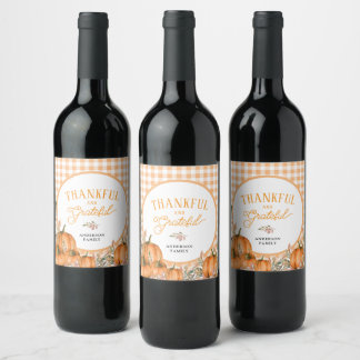 Étiquette Pour Bouteilles De Vin Citrouilles Gingham de remerciement et de gratitud