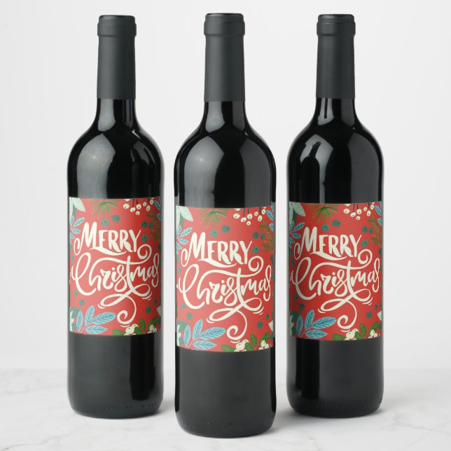 Étiquette Pour Bouteilles De Vin Classique de Noël rouge floral (Bouteilles)
