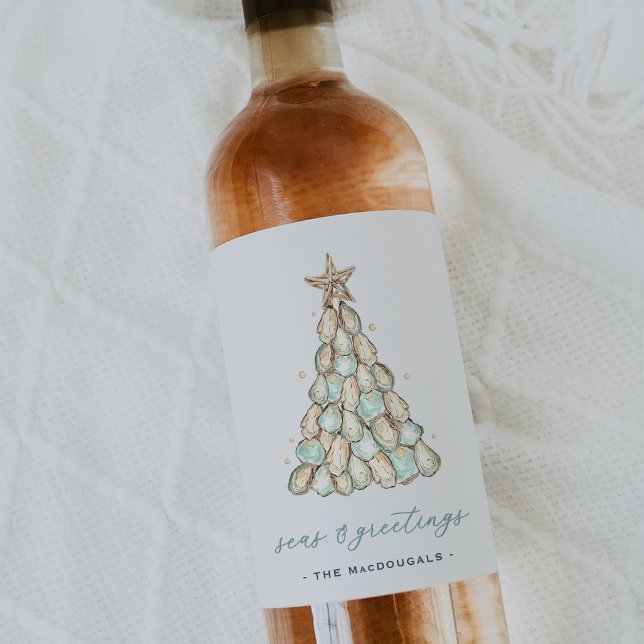 Étiquette Pour Bouteilles De Vin Coastal Oyster Christmas Tree (Créateur téléchargé)