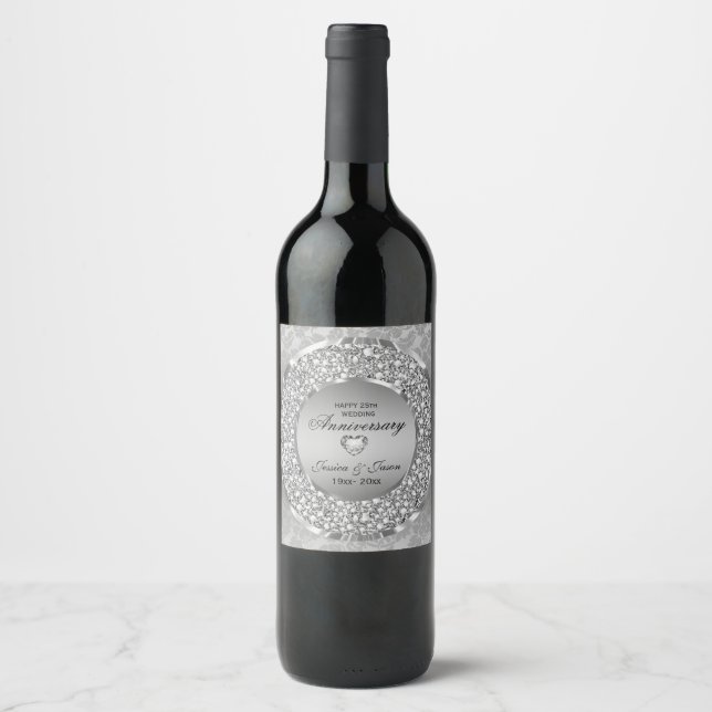 Étiquette Pour Bouteilles De Vin Coeur Argent Et Diamants Blancs (Devant)