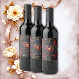 Étiquette Pour Bouteilles De Vin Coeur rouge gothique avec Rose - Romantique foncé