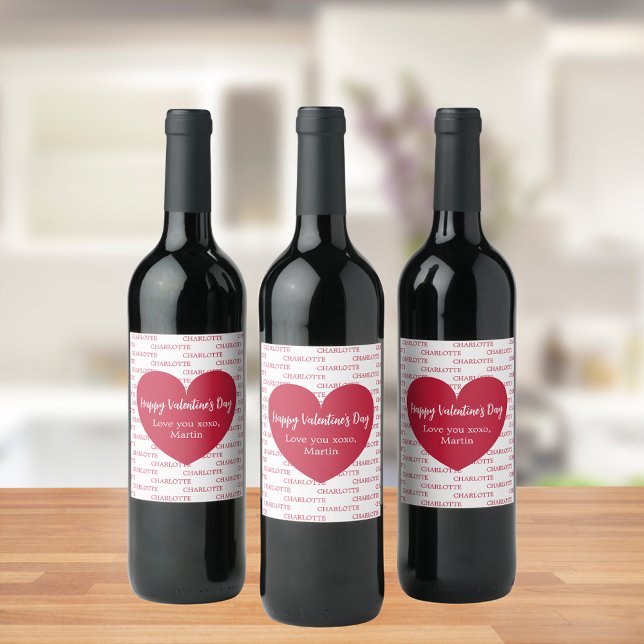 Étiquette Pour Bouteilles De Vin Coeurs blancs rouges nom Saint Valentin (Créateur téléchargé)