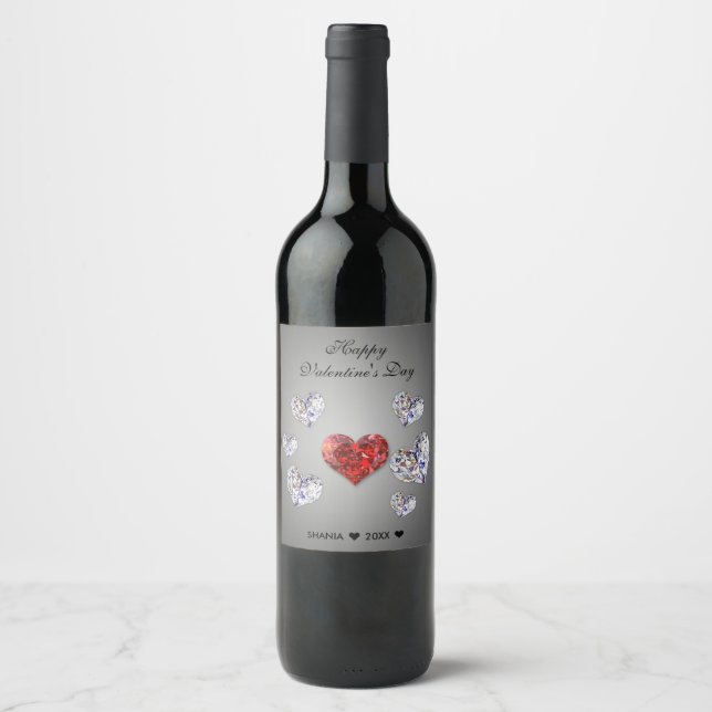Étiquette Pour Bouteilles De Vin Coeurs de diamants précieux et élégants (Devant)