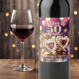 Étiquette Pour Bouteilles De Vin Coeurs d'or avec pierres précieuses Anniversaire d