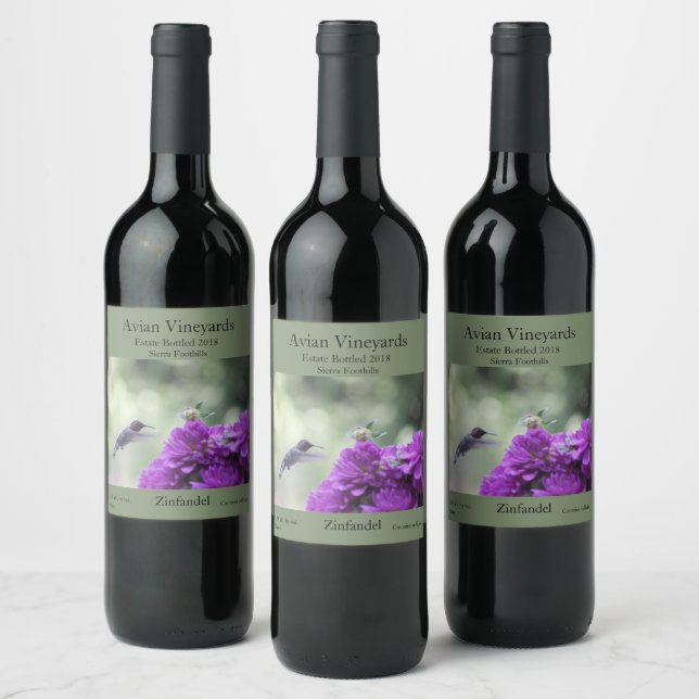 Étiquette Pour Bouteilles De Vin Colibri aux dahlias violets (Bouteilles)