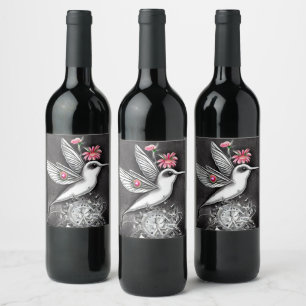 Étiquette Pour Bouteilles De Vin Colibri blanc & Fleurs roses