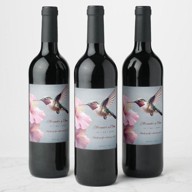 Étiquette Pour Bouteilles De Vin Colibri et Mariage d'Hibiscus | Bleu (Bouteilles)