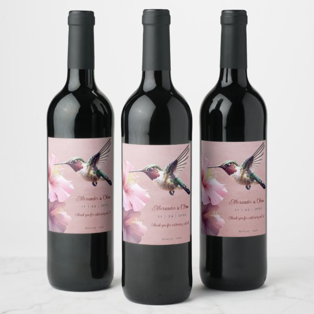 Étiquette Pour Bouteilles De Vin Colibri et Mariage d'Hibiscus | Rose (Bouteilles)