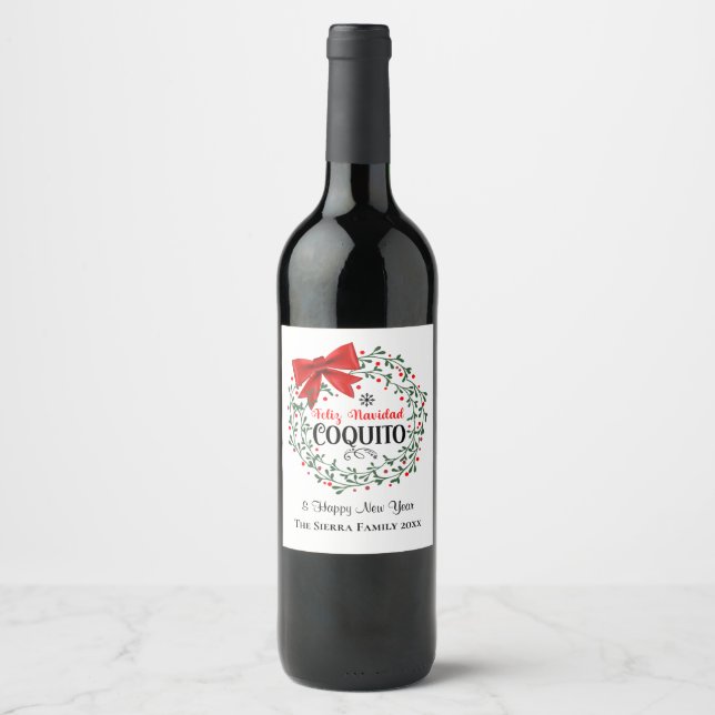 Étiquette Pour Bouteilles De Vin Coquito Green Wreath Feliz Navidad Bottle Étiquett (Devant)