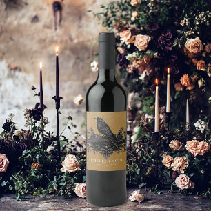 Étiquette Pour Bouteilles De Vin Corbeau noir gothique et Mariage or Rose noir