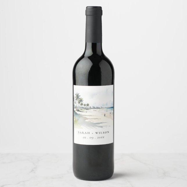 Étiquette Pour Bouteilles De Vin Côte Miami Beach Palm Tree Mariage d'aquarelle (Devant)