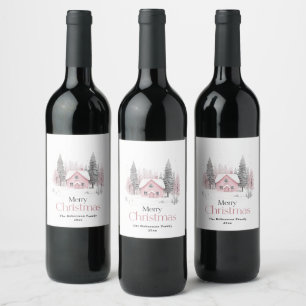 Étiquette Pour Bouteilles De Vin Cottage d'hiver rose Noël