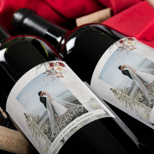 Étiquette Pour Bouteilles De Vin Couple mariage photo moderne élégant script hiver