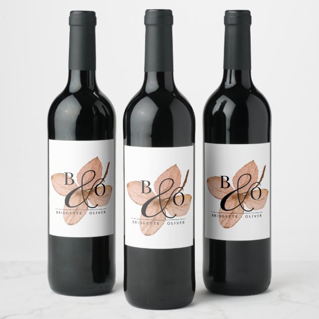 Étiquette Pour Bouteilles De Vin Couple Monogramme Moderne Sur Feuille D'Aquarelle  (Bouteilles)