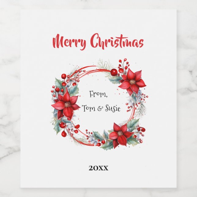 Étiquette Pour Bouteilles De Vin Couronne de poinsettias élégante personnalisée (Étiquettes simples)