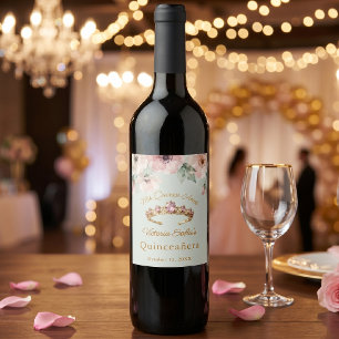 Étiquette Pour Bouteilles De Vin Couronne de Quinceañera Fleurie Rose Sauge Verte O