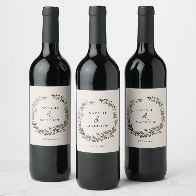 Étiquette Pour Bouteilles De Vin Couronne feuillage rustique fête de mariage d'hive (Bouteilles)
