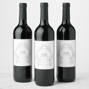 Étiquette Pour Bouteilles De Vin Couronne florale élégante moderne noir/blanc