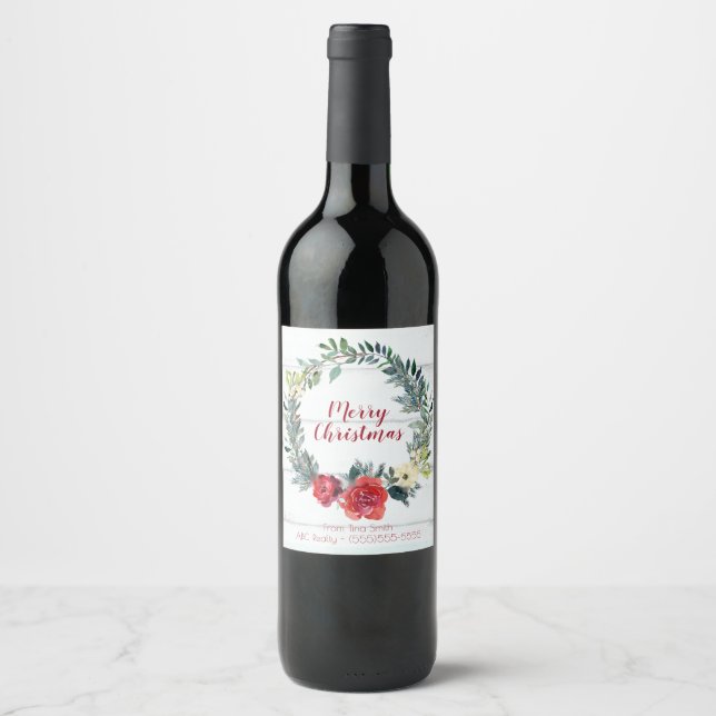 Étiquette Pour Bouteilles De Vin Couronne personnalisée Joyeux Noël (Devant)