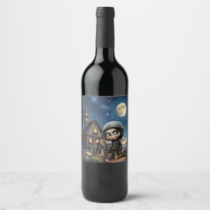Étiquette Pour Bouteilles De Vin Crâne Mignon Motard Balade au Clair de Lune à Tr
