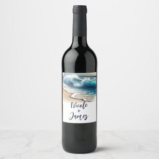 Étiquette Pour Bouteilles De Vin Crashing Ocean Waves Rustic Coastal Beach Wedding (Devant)