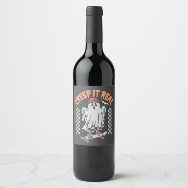 Étiquette Pour Bouteilles De Vin Creep It Real Retro Halloween patinage fantôme (Devant)