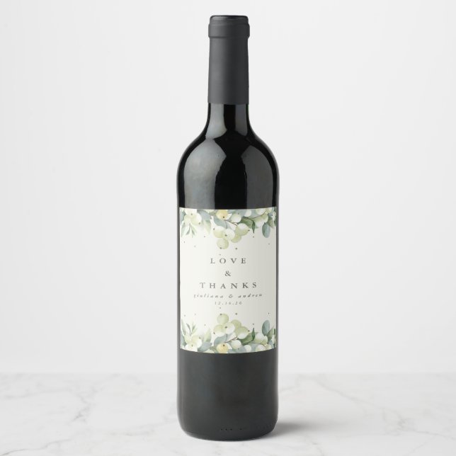Étiquette Pour Bouteilles De Vin Crème Snowberry+Eucalyptus Mariage d'hiver (Devant)
