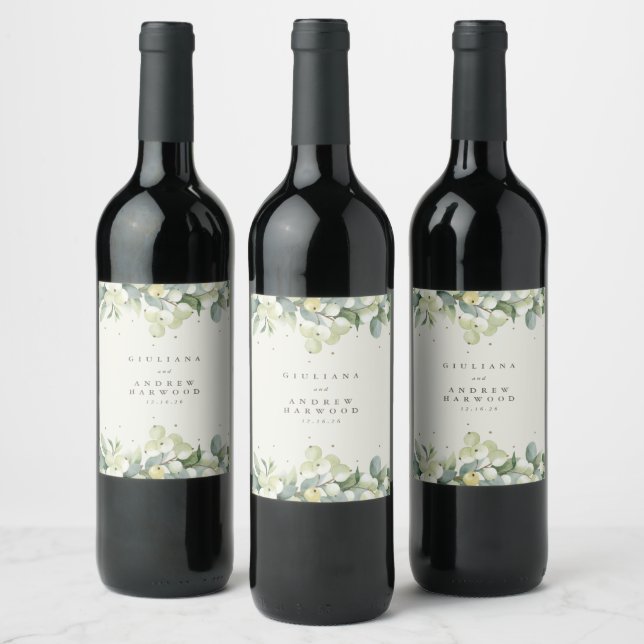 Étiquette Pour Bouteilles De Vin Crème Snowberry+Eucalyptus Mariage d'hiver (Bouteilles)