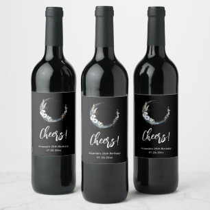 Étiquette Pour Bouteilles De Vin Crescent Bleu Lune aux fleurs blanches Anniversair