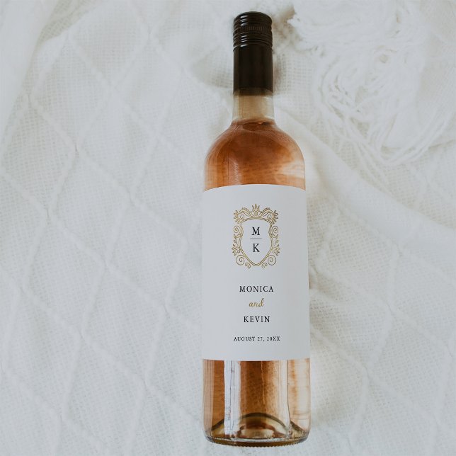 Étiquette Pour Bouteilles De Vin Crest doré | Élégant Monogramme de mariage (Créateur téléchargé)