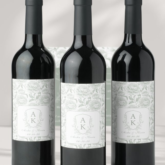 Étiquette Pour Bouteilles De Vin Crest Monogram Sage Green Mariage (Créateur téléchargé)