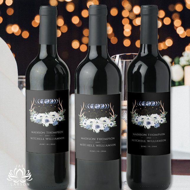 Étiquette Pour Bouteilles De Vin Cristaux de Lune Fleurs Boho Métaphysique Mariage  (Créateur téléchargé)