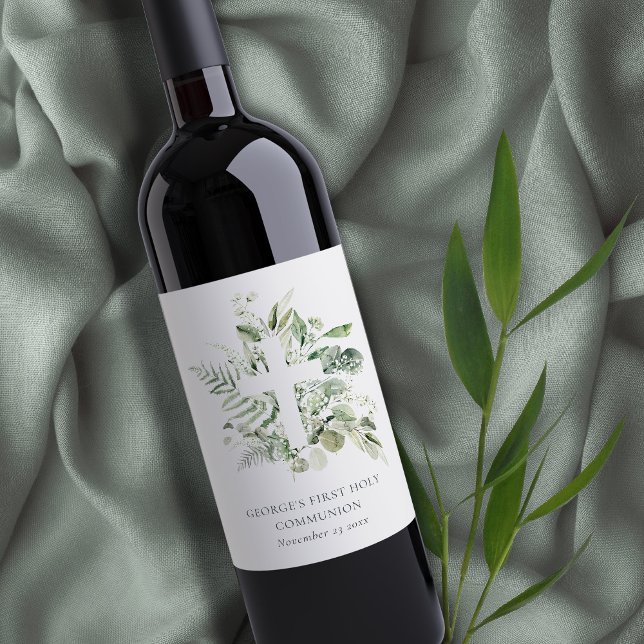 Étiquette Pour Bouteilles De Vin Croix du feuillage Eucalyptus Première communion s (Créateur téléchargé)