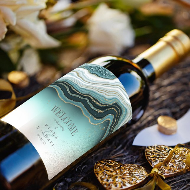 Étiquette Pour Bouteilles De Vin Crystal Agate Mariage Bienvenue ID Turquoise825 (Créateur téléchargé)