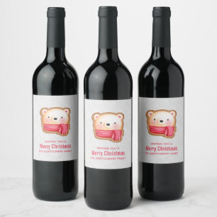 Étiquette Pour Bouteilles De Vin Cute Bear Face Red Scarf et Rosy Cheeks Christmas