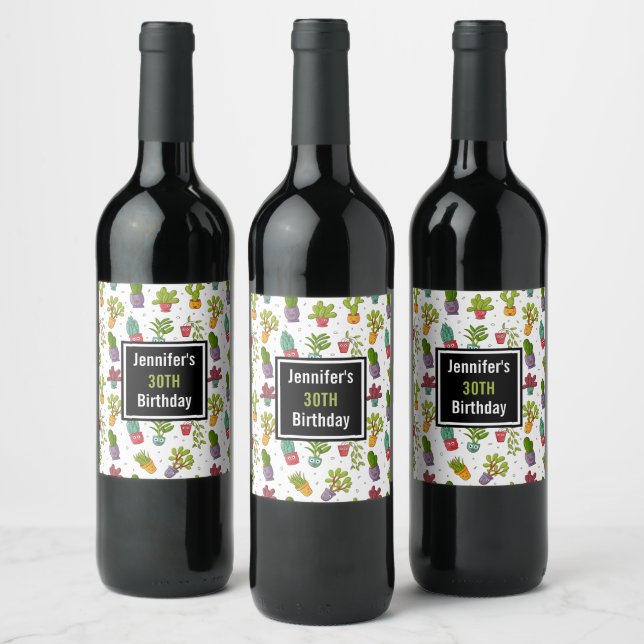 Étiquette Pour Bouteilles De Vin Cute Cactus Nature Succulents Motif Anniversaire (Bouteilles)