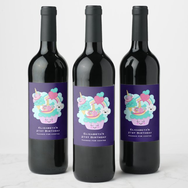 Étiquette Pour Bouteilles De Vin Cute Cupcake et Joyeuse crème glacée Anniversaire (Bouteilles)