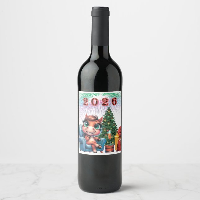 Étiquette Pour Bouteilles De Vin Cute Horse New Year's Eve Label (Devant)
