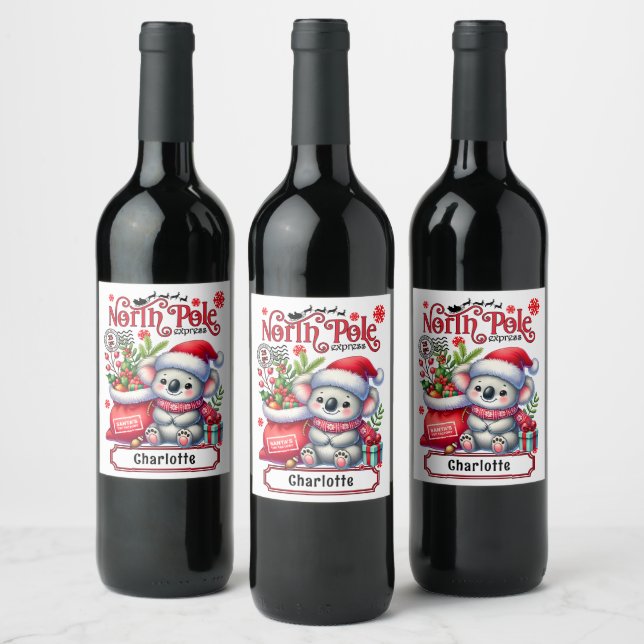 Étiquette Pour Bouteilles De Vin Cute Koala Chirstmas Nom personnalisé (Bouteilles)