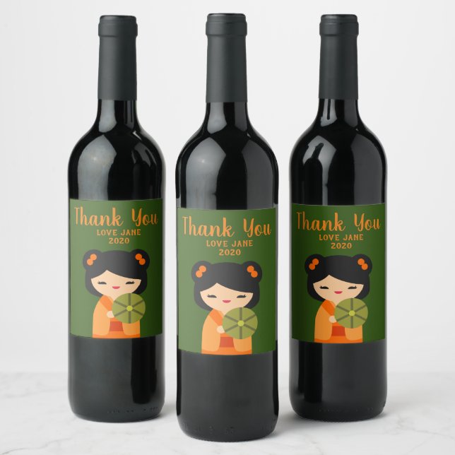 Étiquette Pour Bouteilles De Vin Cute orange Kokeshi poupées japonaises (Bouteilles)