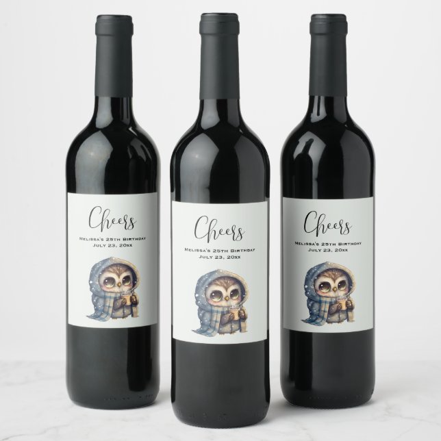 Étiquette Pour Bouteilles De Vin Cute Owl tenant un café (Bouteilles)