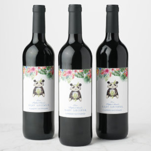 Étiquette Pour Bouteilles De Vin Cute Panda Ours Fleurs tropicales Baby shower cadr