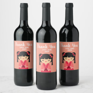 Étiquette Pour Bouteilles De Vin Cute rose Kokeshi poupées japonaises