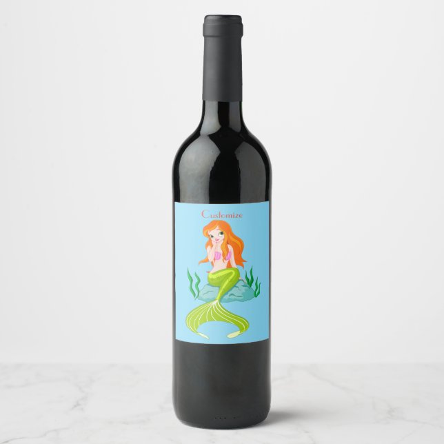 Étiquette Pour Bouteilles De Vin Cute Sirène Redhead Thunder_Cove (Devant)