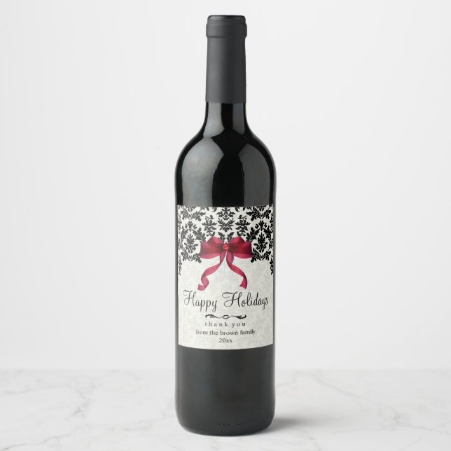 Étiquette Pour Bouteilles De Vin Damas noir et Bow rouge, vacances (Devant)
