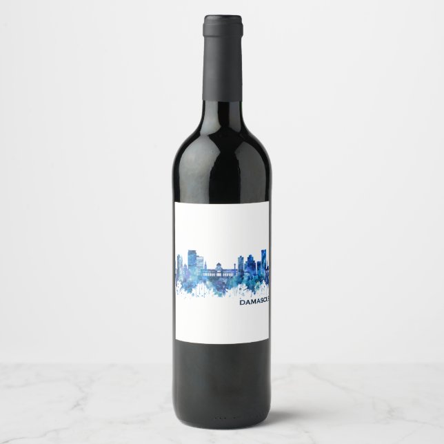 Étiquette Pour Bouteilles De Vin Damas Syria Skyline Blue (Devant)