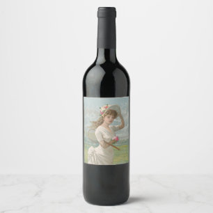 Étiquette Pour Bouteilles De Vin Dame de tennis victorienne avec chapeau à fleurs A