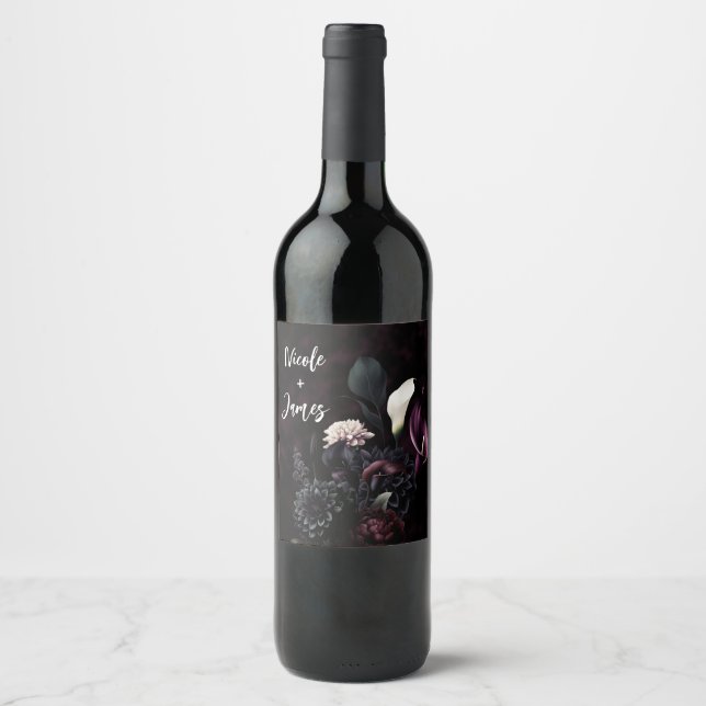 Étiquette Pour Bouteilles De Vin Dark Moody Romantic Floral Mariage blanc (Devant)