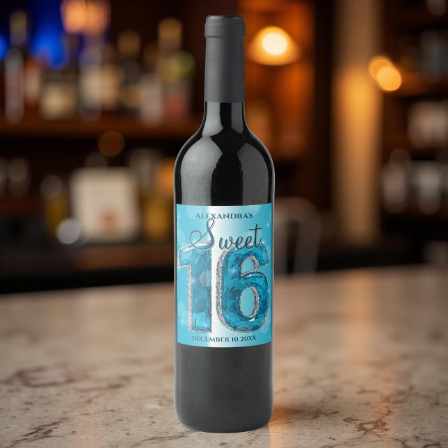 Étiquette Pour Bouteilles De Vin Dazzling Blue Gemstone Sweet 16 Célébration (Créateur téléchargé)